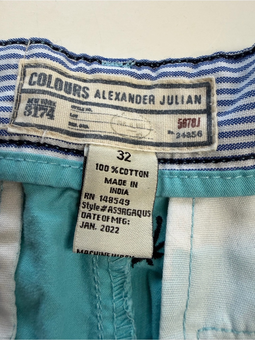 Colours Alexander Julian Men’s Sz 32 Teal Blue Palm Tree Chino Shorts Cotton - Picture 3 of 5